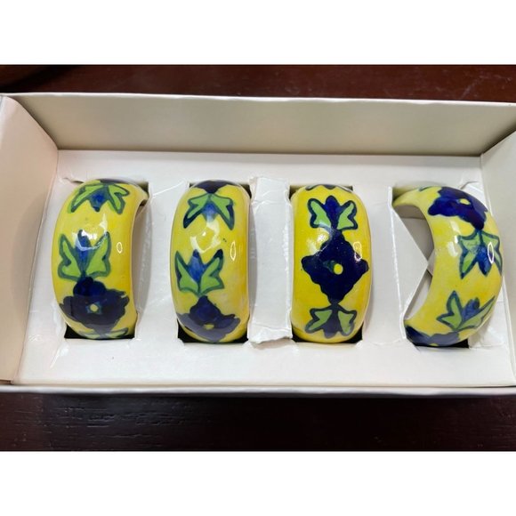 Pier 1 Imports Ceramic NAPKIN RINGS Set of 4 Yellow Blue Flowers 520/5207 - Picture 7 of 9